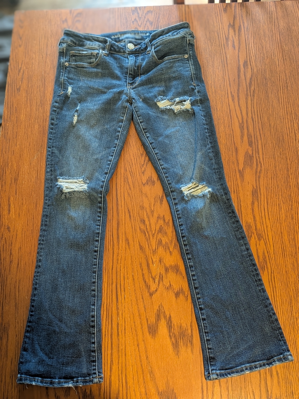 American Eagle Outfitters Dark Blue Distressed Flare Jeans